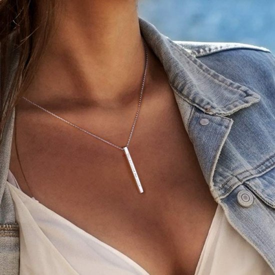 Engraved  3D long bar necklace in sterling silver